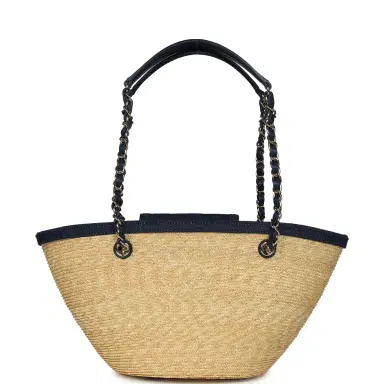 Chanel Chanel Small Coco Beach Shopping Tote Bag Bag Beige Raffia and Dark Blue Denim Light Gold Hardware | Thumbnail 4 Chanel Chanel Small Coco Beach Shopping Tote Bag Bag Beige Raffia and Dark Blue Denim Light Gold Hardware | Thumbnail 4