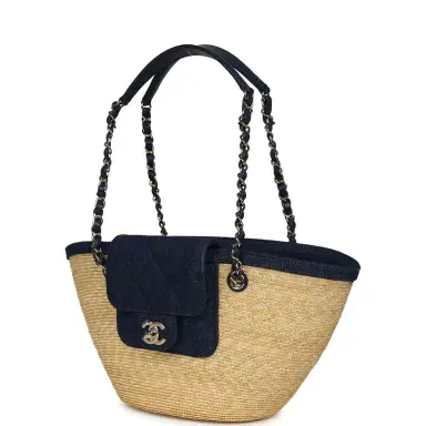 Chanel Chanel Small Coco Beach Shopping Tote Bag Bag Beige Raffia and Dark Blue Denim Light Gold Hardware | Thumbnail 5 Chanel Chanel Small Coco Beach Shopping Tote Bag Bag Beige Raffia and Dark Blue Denim Light Gold Hardware | Thumbnail 5