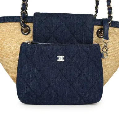Chanel Chanel Small Coco Beach Shopping Tote Bag Bag Beige Raffia and Dark Blue Denim Light Gold Hardware | Thumbnail 7 Chanel Chanel Small Coco Beach Shopping Tote Bag Bag Beige Raffia and Dark Blue Denim Light Gold Hardware | Thumbnail 7