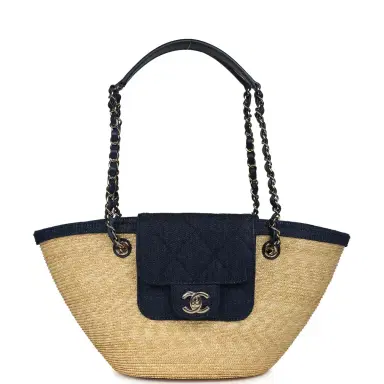 Chanel Chanel Small Coco Beach Shopping Tote Bag Bag Beige Raffia and Dark Blue Denim Light Gold Hardware | Thumbnail 1 Chanel Chanel Small Coco Beach Shopping Tote Bag Bag Beige Raffia and Dark Blue Denim Light Gold Hardware | Thumbnail 1