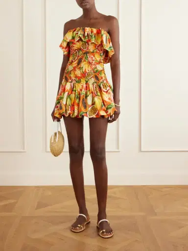 Farm Rio Strapless Ruffled Printed Shirred Cotton Mini Dress | Thumbnail 2 Farm Rio Strapless Ruffled Printed Shirred Cotton Mini Dress | Thumbnail 2