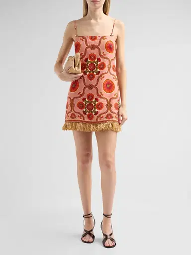 Cara Cara Women's Valencia Fringed Floral Linen Mini Dress - Mod Floral Brick - Size 12 | Thumbnail 2 Cara Cara Women's Valencia Fringed Floral Linen Mini Dress - Mod Floral Brick - Size 12 | Thumbnail 2