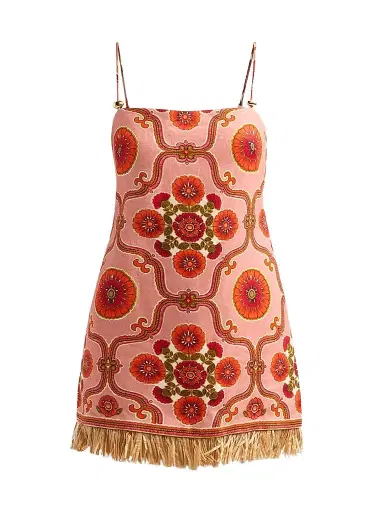 Cara Cara Women's Valencia Fringed Floral Linen Mini Dress - Mod Floral Brick - Size 12 | Thumbnail 1 Cara Cara Women's Valencia Fringed Floral Linen Mini Dress - Mod Floral Brick - Size 12 | Thumbnail 1