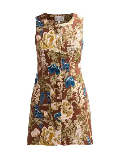 Cara Cara Women's Rhapsody Floral Linen Sleeveless Mini Dress - Flora Meadow Brown | Thumbnail 1 Cara Cara Women's Rhapsody Floral Linen Sleeveless Mini Dress - Flora Meadow Brown | Thumbnail 1