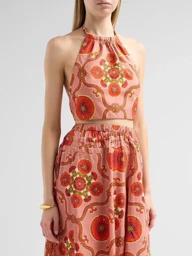 Cara Cara Women's Dahlia Poplin Halterneck Top - Mod Floral Brick | Thumbnail 4 Cara Cara Women's Dahlia Poplin Halterneck Top - Mod Floral Brick | Thumbnail 4