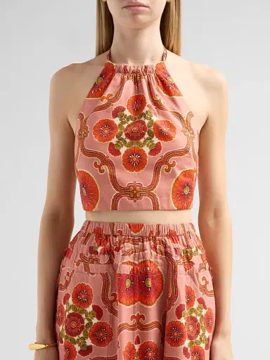 Cara Cara Women's Dahlia Poplin Halterneck Top - Mod Floral Brick | Thumbnail 5 Cara Cara Women's Dahlia Poplin Halterneck Top - Mod Floral Brick | Thumbnail 5