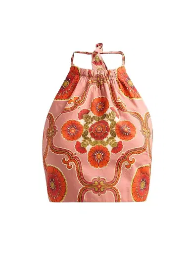 Cara Cara Women's Dahlia Poplin Halterneck Top - Mod Floral Brick | Thumbnail 1 Cara Cara Women's Dahlia Poplin Halterneck Top - Mod Floral Brick | Thumbnail 1