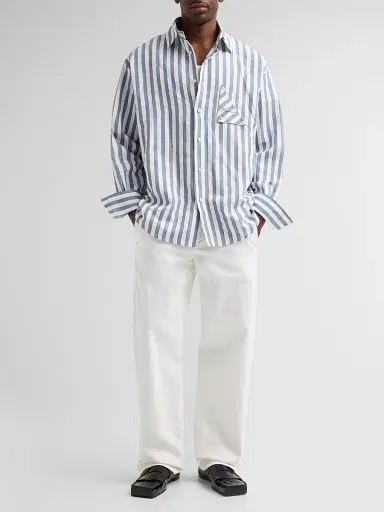 Jacquemus Men's Voilier Striped Cotton-Linen Shirt - Jacquard Stripes Blue | Thumbnail 2 Jacquemus Men's Voilier Striped Cotton-Linen Shirt - Jacquard Stripes Blue | Thumbnail 2