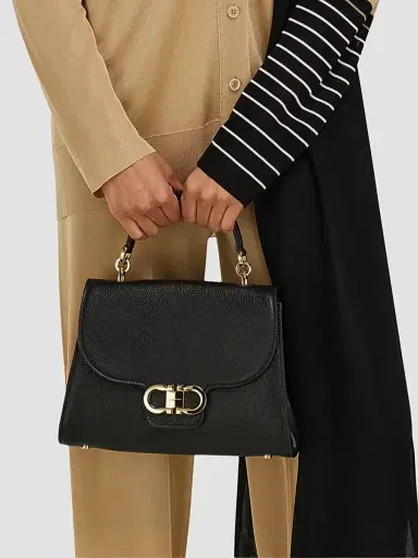 FERRAGAMO Women's Double Gancini Leather Top Handle Bag - Nero | Thumbnail 2 FERRAGAMO Women's Double Gancini Leather Top Handle Bag - Nero | Thumbnail 2