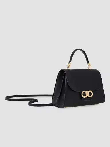 FERRAGAMO Women's Double Gancini Leather Top Handle Bag - Nero | Thumbnail 5 FERRAGAMO Women's Double Gancini Leather Top Handle Bag - Nero | Thumbnail 5