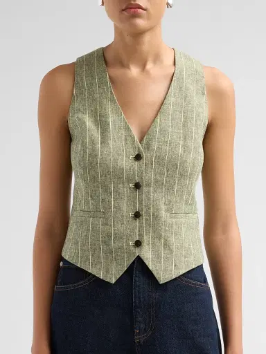 L'Agence Women's Drina Pinstripe Linen-Blend Vest - Olive Green Pinstripe - Size Large | Thumbnail 5 L'Agence Women's Drina Pinstripe Linen-Blend Vest - Olive Green Pinstripe - Size Large | Thumbnail 5