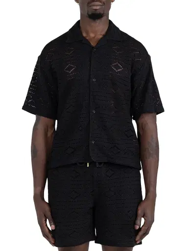 Honor The Gift Men's Pointelle Crochet Camp Shirt - Black | Thumbnail 1 Honor The Gift Men's Pointelle Crochet Camp Shirt - Black | Thumbnail 1