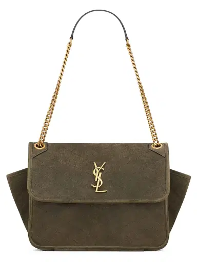 Saint Laurent Women's Niki Tripouch Shoulder Bag in Suede - Light Musk | Thumbnail 1 Saint Laurent Women's Niki Tripouch Shoulder Bag in Suede - Light Musk | Thumbnail 1