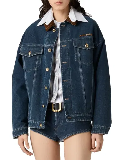 Miu Miu Women's Flocked Denim and Velvet Blouson Jacket - Blue | Thumbnail 2 Miu Miu Women's Flocked Denim and Velvet Blouson Jacket - Blue | Thumbnail 2