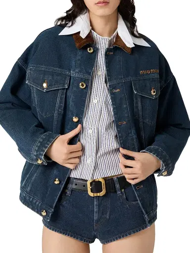 Miu Miu Women's Flocked Denim and Velvet Blouson Jacket - Blue | Thumbnail 4 Miu Miu Women's Flocked Denim and Velvet Blouson Jacket - Blue | Thumbnail 4