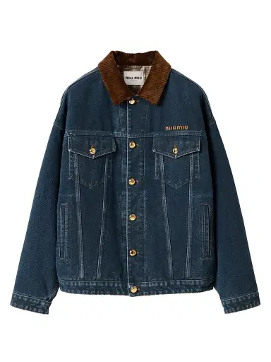 Miu Miu Women's Flocked Denim and Velvet Blouson Jacket - Blue | Thumbnail 1 Miu Miu Women's Flocked Denim and Velvet Blouson Jacket - Blue | Thumbnail 1