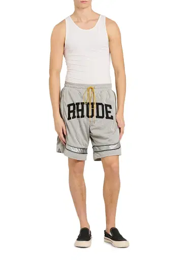 Rhude Men's Baggy Mesh Collegiate Logo Shorts - Grey Silver | Thumbnail 2 Rhude Men's Baggy Mesh Collegiate Logo Shorts - Grey Silver | Thumbnail 2