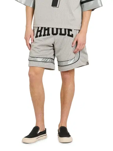 Rhude Men's Baggy Mesh Collegiate Logo Shorts - Grey Silver | Thumbnail 3 Rhude Men's Baggy Mesh Collegiate Logo Shorts - Grey Silver | Thumbnail 3