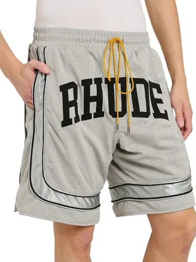 Rhude Men's Baggy Mesh Collegiate Logo Shorts - Grey Silver | Thumbnail 6 Rhude Men's Baggy Mesh Collegiate Logo Shorts - Grey Silver | Thumbnail 6