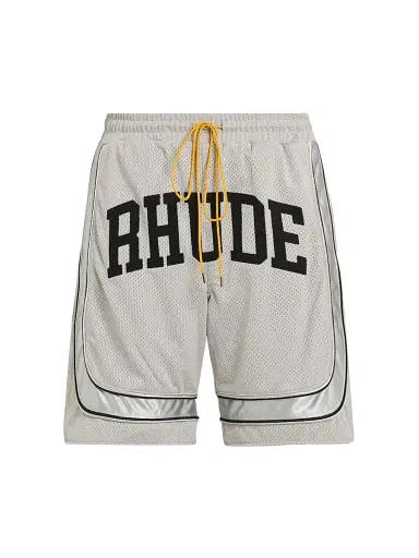 Rhude Men's Baggy Mesh Collegiate Logo Shorts - Grey Silver | Thumbnail 1 Rhude Men's Baggy Mesh Collegiate Logo Shorts - Grey Silver | Thumbnail 1
