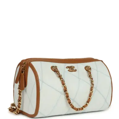 Chanel Chanel Coco Beach Mini Timeless Classic Barrel Bag with Chain Light Blue Denim and Brown Calfskin Gold Hardware | Thumbnail 2 Chanel Chanel Coco Beach Mini Timeless Classic Barrel Bag with Chain Light Blue Denim and Brown Calfskin Gold Hardware | Thumbnail 2