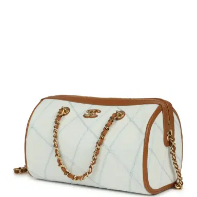 Chanel Chanel Coco Beach Mini Timeless Classic Barrel Bag with Chain Light Blue Denim and Brown Calfskin Gold Hardware | Thumbnail 5 Chanel Chanel Coco Beach Mini Timeless Classic Barrel Bag with Chain Light Blue Denim and Brown Calfskin Gold Hardware | Thumbnail 5