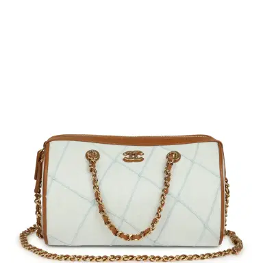 Chanel Chanel Coco Beach Mini Timeless Classic Barrel Bag with Chain Light Blue Denim and Brown Calfskin Gold Hardware | Thumbnail 1 Chanel Chanel Coco Beach Mini Timeless Classic Barrel Bag with Chain Light Blue Denim and Brown Calfskin Gold Hardware | Thumbnail 1