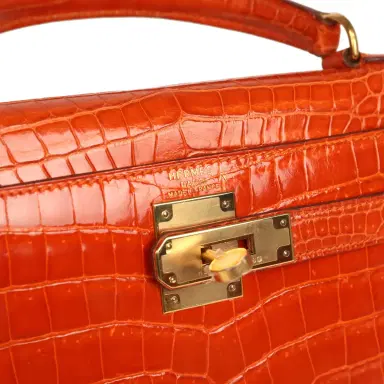 HERMÈS Vintage Hermes Kelly Sellier 28 Orange Shiny Porous Crocodile Gold Hardware | Thumbnail 7 HERMÈS Vintage Hermes Kelly Sellier 28 Orange Shiny Porous Crocodile Gold Hardware | Thumbnail 7