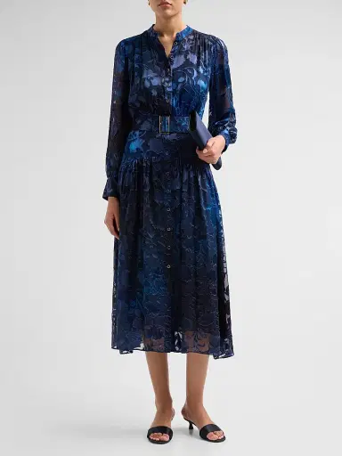 Elie Tahari Women's The Pippa Floral Belted Midi Dress - Brushstroke Denim | Thumbnail 2 Elie Tahari Women's The Pippa Floral Belted Midi Dress - Brushstroke Denim | Thumbnail 2