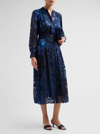 Elie Tahari Women's The Pippa Floral Belted Midi Dress - Brushstroke Denim | Thumbnail 4 Elie Tahari Women's The Pippa Floral Belted Midi Dress - Brushstroke Denim | Thumbnail 4