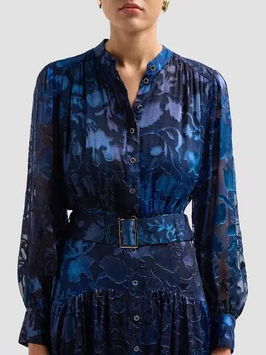 Elie Tahari Women's The Pippa Floral Belted Midi Dress - Brushstroke Denim | Thumbnail 5 Elie Tahari Women's The Pippa Floral Belted Midi Dress - Brushstroke Denim | Thumbnail 5