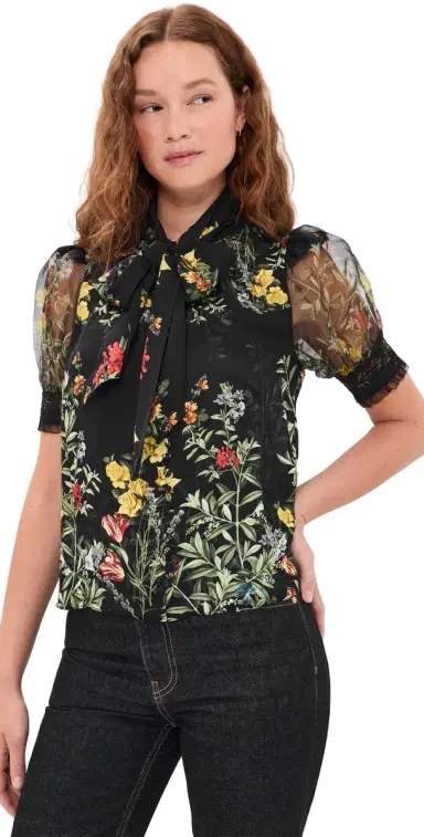 Alice + Olivia Brentley Tie Blouse Desert prigs Black | Thumbnail 1 Alice + Olivia Brentley Tie Blouse Desert prigs Black | Thumbnail 1