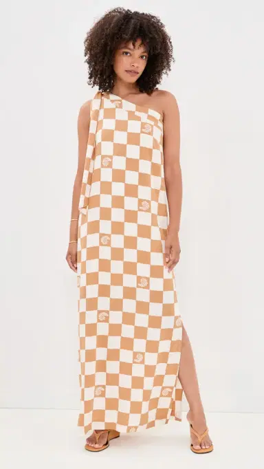 Dress To Beige hell Plaid One shoulder Maxi Dress Beige hell Plaid | Thumbnail 2 Dress To Beige hell Plaid One shoulder Maxi Dress Beige hell Plaid | Thumbnail 2