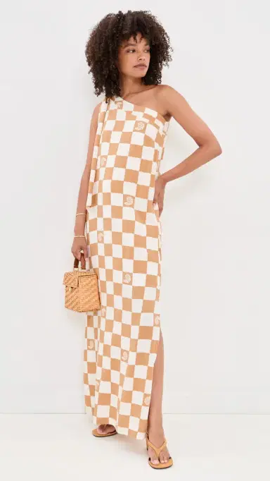 Dress To Beige hell Plaid One shoulder Maxi Dress Beige hell Plaid | Thumbnail 5 Dress To Beige hell Plaid One shoulder Maxi Dress Beige hell Plaid | Thumbnail 5