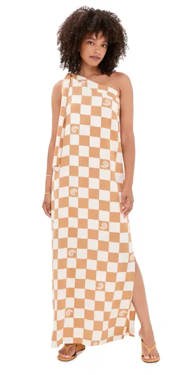 Dress To Beige hell Plaid One shoulder Maxi Dress Beige hell Plaid | Thumbnail 1 Dress To Beige hell Plaid One shoulder Maxi Dress Beige hell Plaid | Thumbnail 1