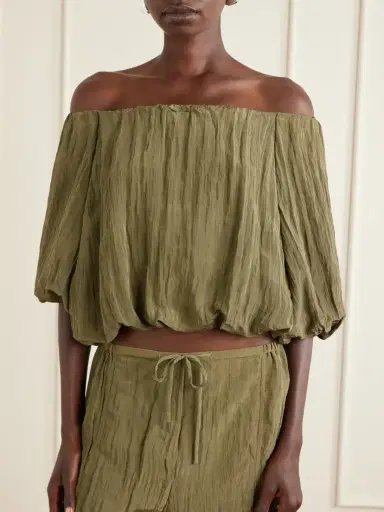 Simkhai Anni Cropped Gathered Crepon Blouse | Thumbnail 3 Simkhai Anni Cropped Gathered Crepon Blouse | Thumbnail 3
