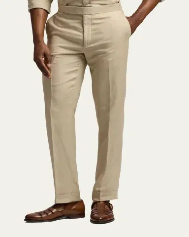 Ralph Lauren Purple Label Men's Silk and Linen Straight Leg Flat-Front Trousers | Thumbnail 3 Ralph Lauren Purple Label Men's Silk and Linen Straight Leg Flat-Front Trousers | Thumbnail 3