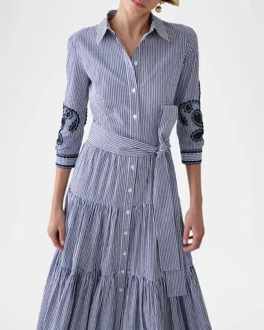 Carolina Herrera Paisley Embroidered 3/4-Sleeve Tiered Midi Shirtdress | Thumbnail 3 Carolina Herrera Paisley Embroidered 3/4-Sleeve Tiered Midi Shirtdress | Thumbnail 3