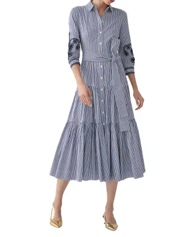 Carolina Herrera Paisley Embroidered 3/4-Sleeve Tiered Midi Shirtdress | Thumbnail 1 Carolina Herrera Paisley Embroidered 3/4-Sleeve Tiered Midi Shirtdress | Thumbnail 1
