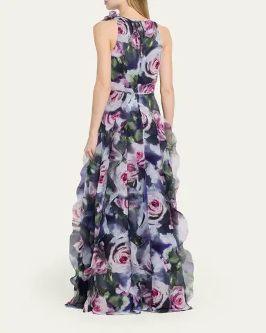 Rickie Freeman for Teri Jon Ruffle-Trim Floral Chiffon Halter Gown | Thumbnail 3 Rickie Freeman for Teri Jon Ruffle-Trim Floral Chiffon Halter Gown | Thumbnail 3