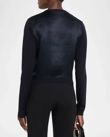Jason Wu Collection Merino Wool Crewneck Cardigan With Satin Panel | Thumbnail 3 Jason Wu Collection Merino Wool Crewneck Cardigan With Satin Panel | Thumbnail 3