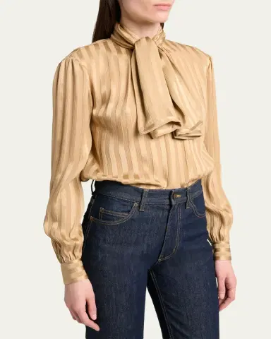 Saint Laurent Lavalliere Striped Silk Long-Sleeve Blouse | Thumbnail 4 Saint Laurent Lavalliere Striped Silk Long-Sleeve Blouse | Thumbnail 4