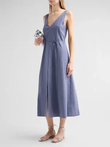 Vince Women's V-Neck Linen-Blend Sleeveless Midi-Dress - Azul - Size XXS | Thumbnail 4 Vince Women's V-Neck Linen-Blend Sleeveless Midi-Dress - Azul - Size XXS | Thumbnail 4