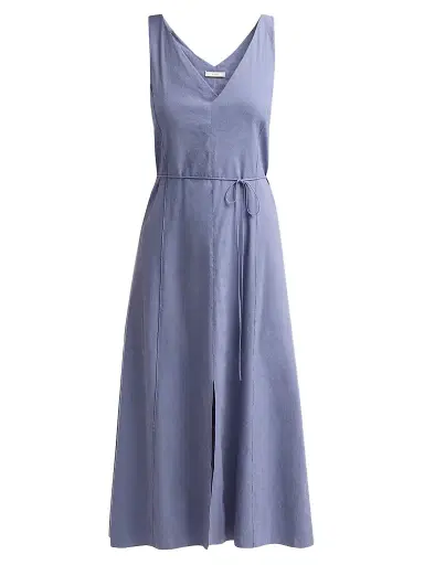 Vince Women's V-Neck Linen-Blend Sleeveless Midi-Dress - Azul - Size XXS | Thumbnail 1 Vince Women's V-Neck Linen-Blend Sleeveless Midi-Dress - Azul - Size XXS | Thumbnail 1