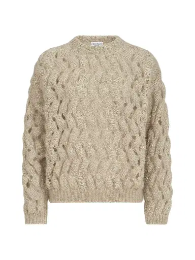 Brunello Cucinelli Women's Dazzling Zigzag Cables Sweater in Mohair and Wool - Sand | Thumbnail 1 Brunello Cucinelli Women's Dazzling Zigzag Cables Sweater in Mohair and Wool - Sand | Thumbnail 1