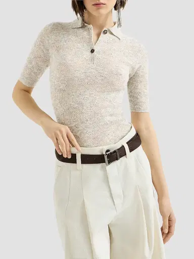 Brunello Cucinelli Women's Silk, Alpaca and Wool Flower Lace Knit Polo - Fog | Thumbnail 2 Brunello Cucinelli Women's Silk, Alpaca and Wool Flower Lace Knit Polo - Fog | Thumbnail 2