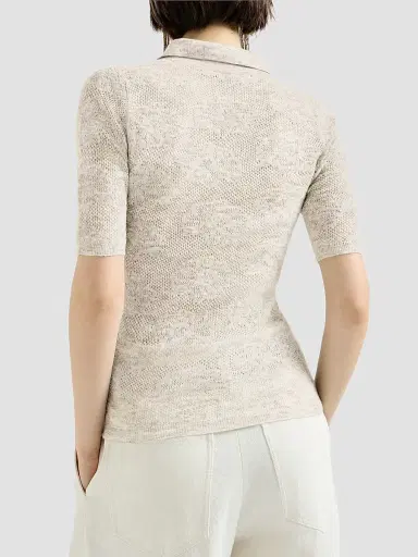 Brunello Cucinelli Women's Silk, Alpaca and Wool Flower Lace Knit Polo - Fog | Thumbnail 3 Brunello Cucinelli Women's Silk, Alpaca and Wool Flower Lace Knit Polo - Fog | Thumbnail 3