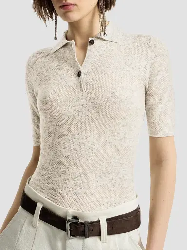 Brunello Cucinelli Women's Silk, Alpaca and Wool Flower Lace Knit Polo - Fog | Thumbnail 4 Brunello Cucinelli Women's Silk, Alpaca and Wool Flower Lace Knit Polo - Fog | Thumbnail 4
