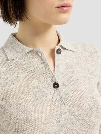 Brunello Cucinelli Women's Silk, Alpaca and Wool Flower Lace Knit Polo - Fog | Thumbnail 5 Brunello Cucinelli Women's Silk, Alpaca and Wool Flower Lace Knit Polo - Fog | Thumbnail 5
