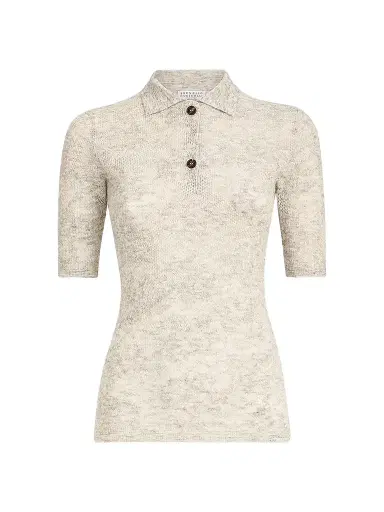 Brunello Cucinelli Women's Silk, Alpaca and Wool Flower Lace Knit Polo - Fog | Thumbnail 1 Brunello Cucinelli Women's Silk, Alpaca and Wool Flower Lace Knit Polo - Fog | Thumbnail 1